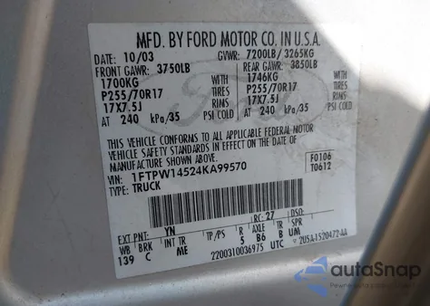 2004 Ford F-150 Fx4/Lariat/Xlt из США, поврежденный, VIN 1FTPW14524KA99570